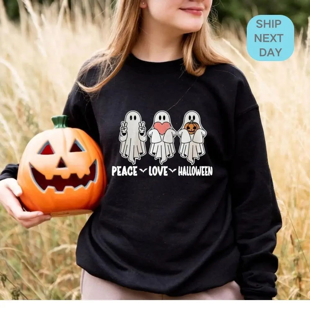 

Peace Love Halloween Sweatshirt Ghost Shirt Trick Or Treat Funny Sweater Halloween Gift Tis the Season Spooky Season Clothes