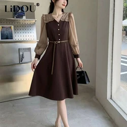 Spring Summer Korean Fashion Vintage Ruffles Spliced A-line Dress Ladies Fake Two Pieces Elegant Robe Casual Vestidos De Fiesta