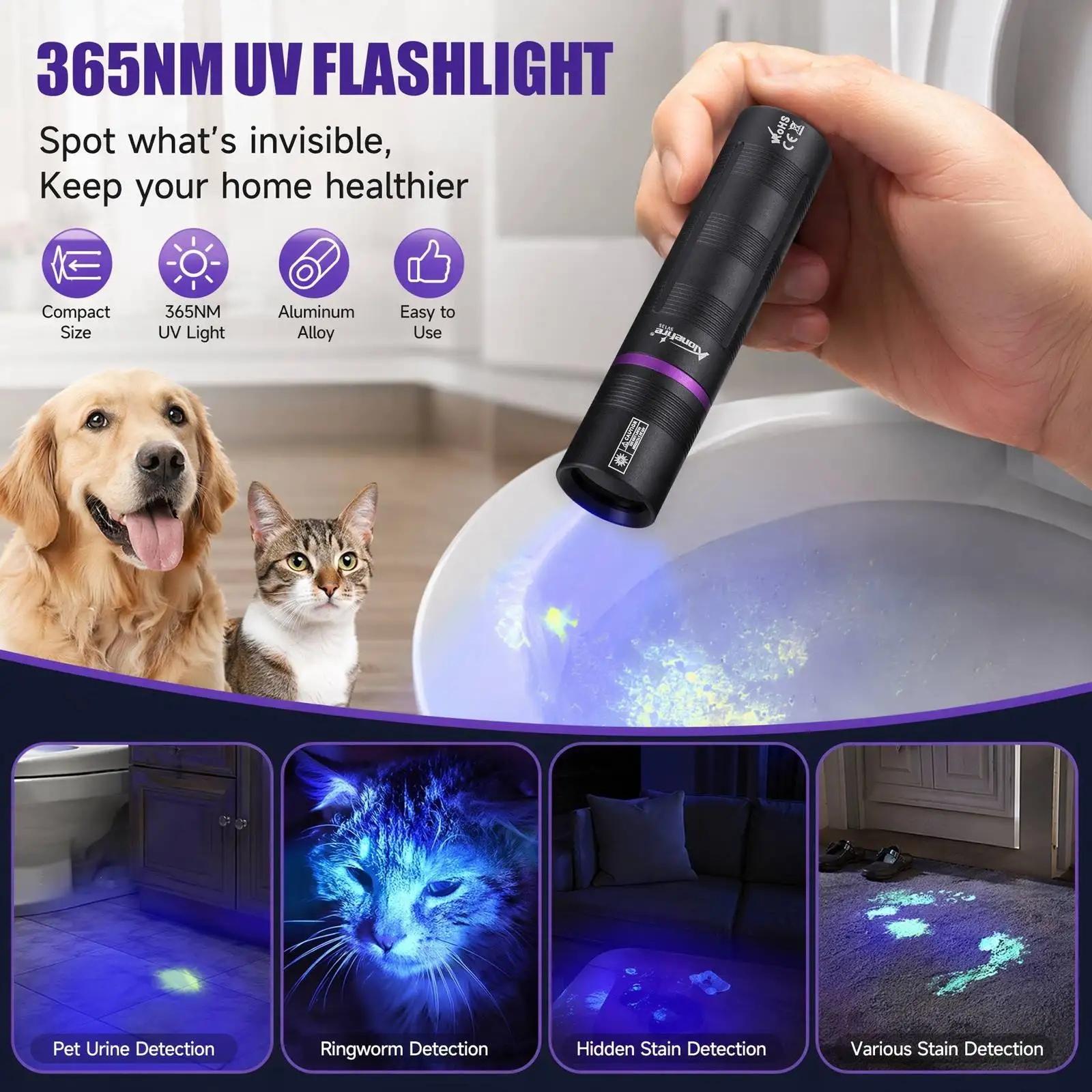 UV-Schwarzlicht 365nm LED-Taschenlampe Wiederaufladbare Mini-Taschenlampe für Katzen- und Hundeauffälligkeiten, Urin, Geld, Erz, Jade, Edelsteine, Skorpion-Detektion