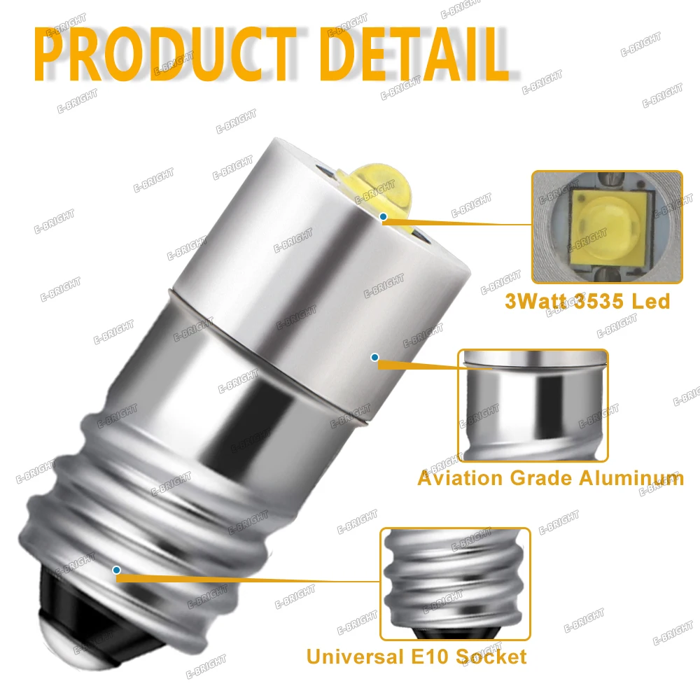 Lampe de poche LED blanche à vis E10, 7500K, 2x3W, 3V, 6V, 6.3V, 12V, 18V, 24V, ampoule, arcade, voiture, vélo, torche, travail d\'urgence, cellules