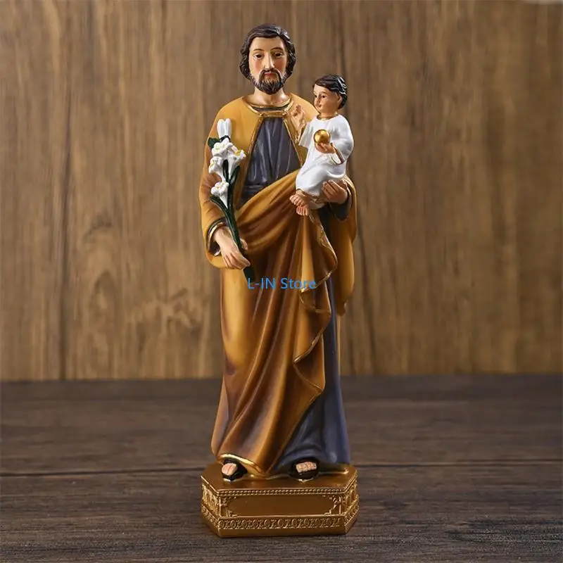 SaintJoseph Holding Baby Jesus Statues Religious Figurines Resin Model Sculpture Desktop Decoration