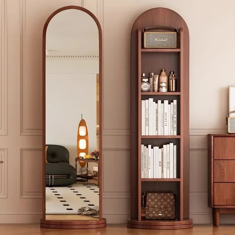 Nordic Solid Wood Floor Full-body Mirrors Home Rotatable Full-length Mirror Bookshelf Storage Integrated Fitting Mirror