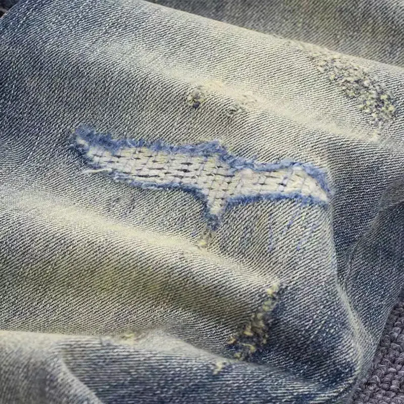 Street Fashion Men Jeans High Quality Retro Blue Stretch Slim Fit Ripped Jeans Men Patched Designer Hip Hop Vintage Denim Pants