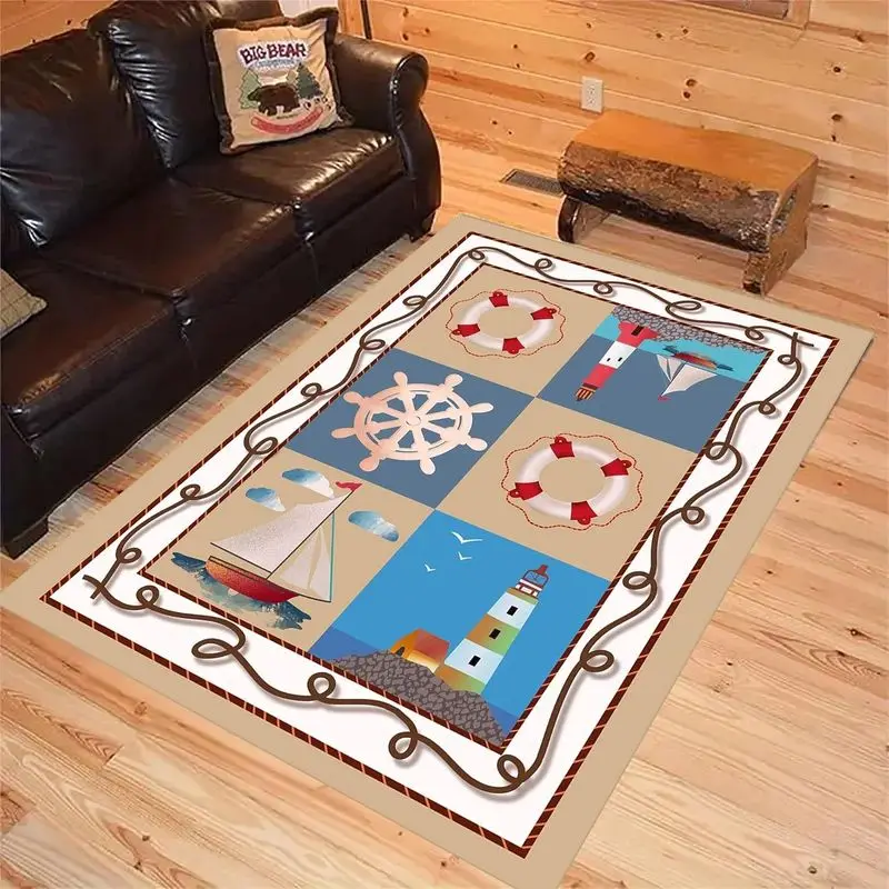 VIKAMA Vintage Ship's Wheel Lighthouse Nautical Rug, Machine-Washable Non-Slip Sofa Runner, Living Room Rug, Home Decor