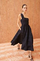 Women One Strap Strapless Folded Waist Midi Cotton Dress