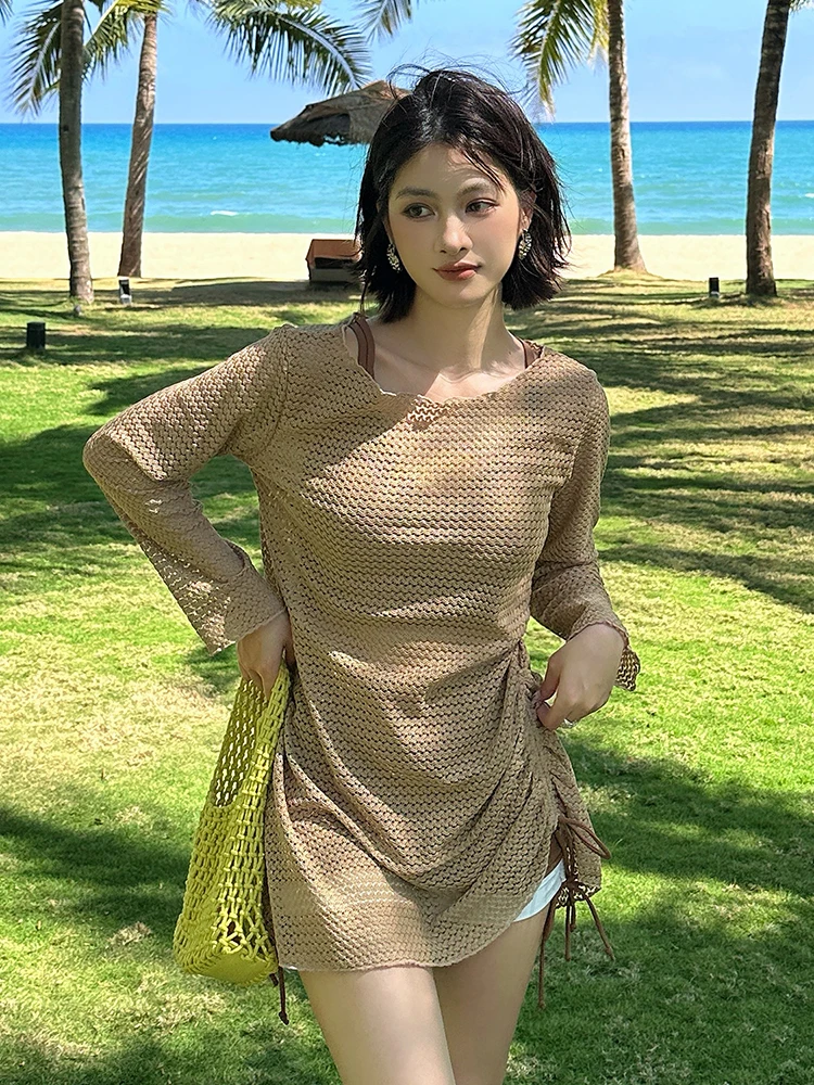 

Купальник-бикини больших размеров с длинным рукавом и юбкой-накидкой Pure Desire для женщин: сексуальный комплект из двух предметов для коррекции фигуры