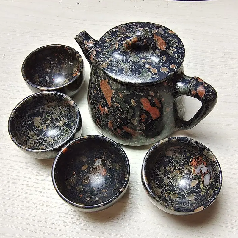 Natural Plum Blossom Jade Tea Set 1 Teapots 6 Teacups Magnetic Stone Health Gongfu Teaware Genuine Jades Stone Kung Fu Teasets