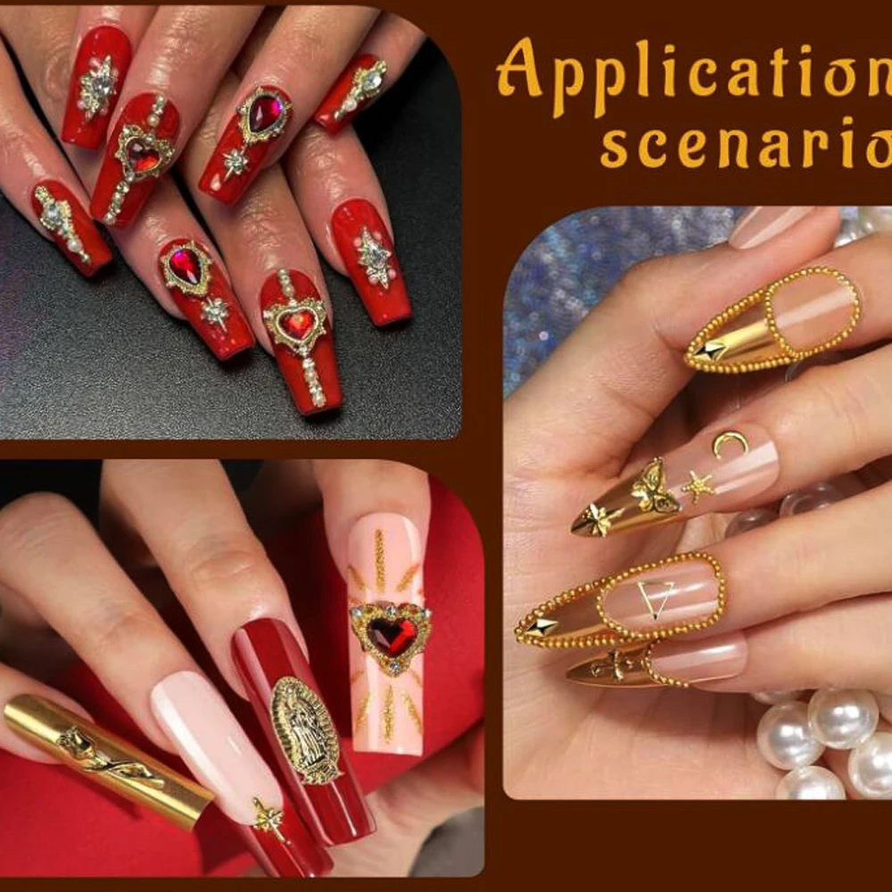 12グリッドゴールデンネイルチャームセットクロス/ハート/ローズ/聖母マリアY2K風3Dクロームネイルデコレーションレッドラブマニキュアアクセサリー