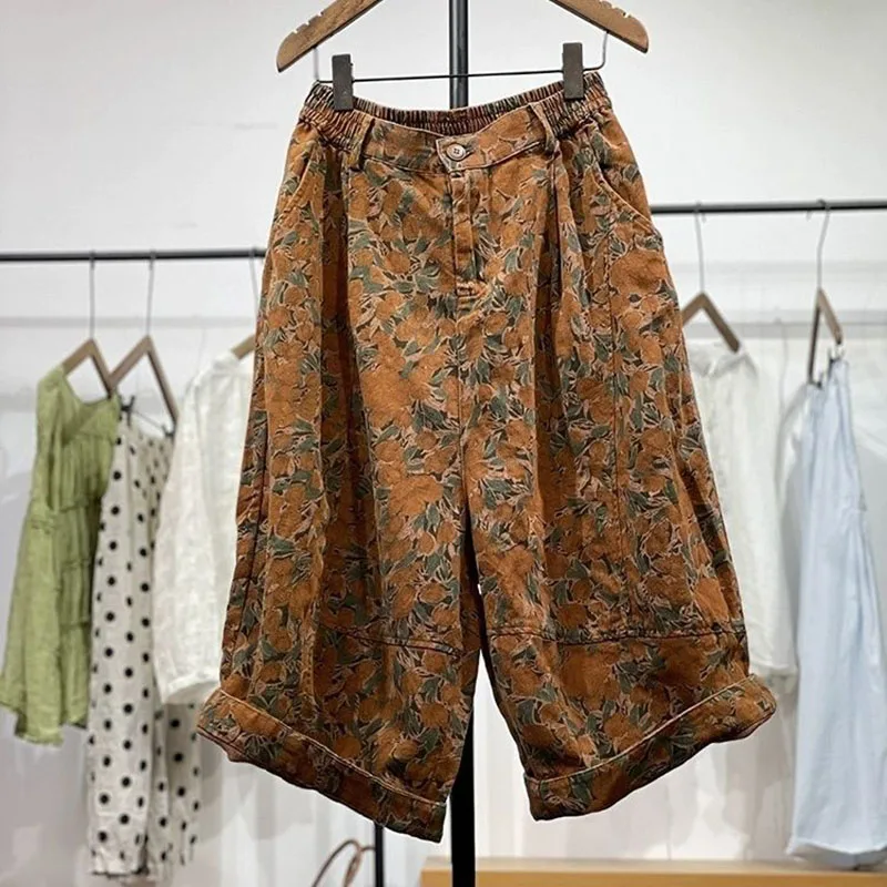 

Брюки с литературными пуговицами и цветочным принтом, женские свободные брюки с этнической талией, китайские укороченные брюки с карманами, винтажные летние брюки