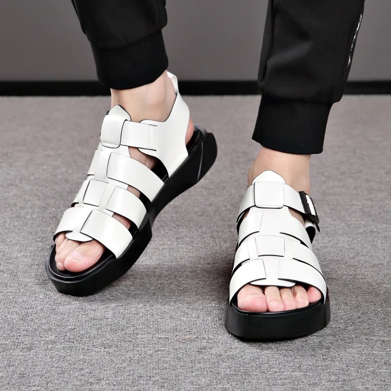 Summer Black Genuine Leather Men\'s High Grade Sandals for External Wear Breathable Roman Sandals Trend Casual Beach Shoes