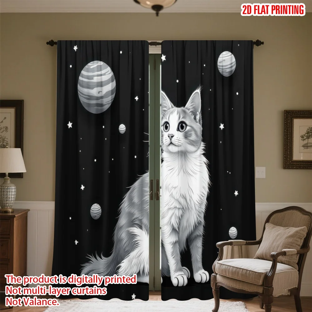 

2D flat printing 2pcs Curtain Cat in Space Scene Digital Printed Polyester Drapes Party Decorations Perfect for New Year