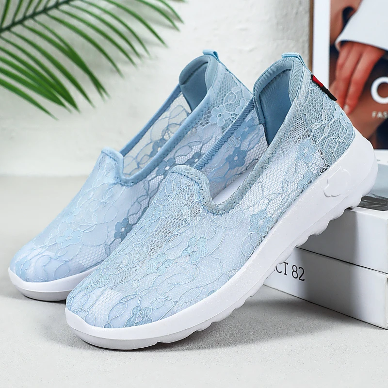 

New Women's Summer Slip-On Walking Shoes Breathable Lace Mesh Sneakers for Seniors & Moms Ultra-Lightweight Soft Memory Foam