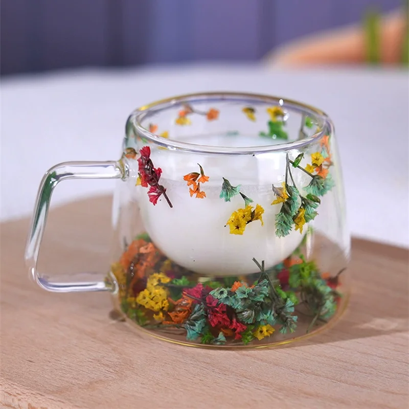 

200 мл стеклянные кофейные кружки с двойными стенками, прозрачные изолированные чайные чашки с сушеными цветами и ручкой, термостойкие кружки с молоком, кофейным цветком