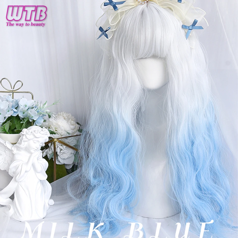 WTB Cosplay Wig Synthetic Long Wavy White Ombre Light Blue Colorful Lolita Wigs with Bangs Halloween Daily Wigs Heat Resistant