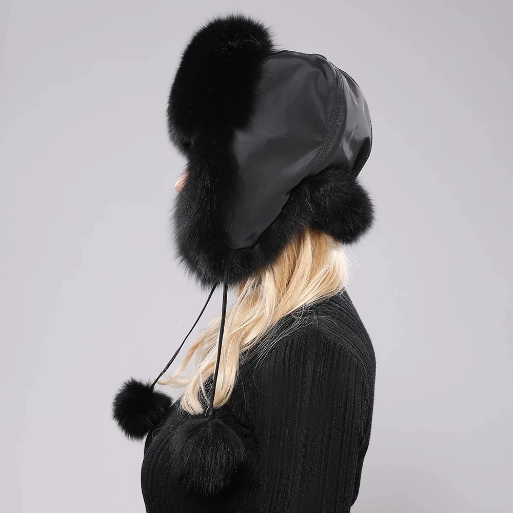 2024 New Women Natural Fox Fur Russian Ushanka Hats Winter Thick Warm Ears Fashion Bomber Hat Lady Genuine Real Fox Fur Cap