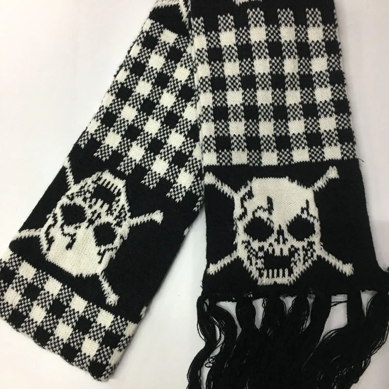 Bufanda de calavera Unisex, chal de Pashmina de punto cálido con borlas negras, envoltura de esqueleto de lujo con flecos, Invierno