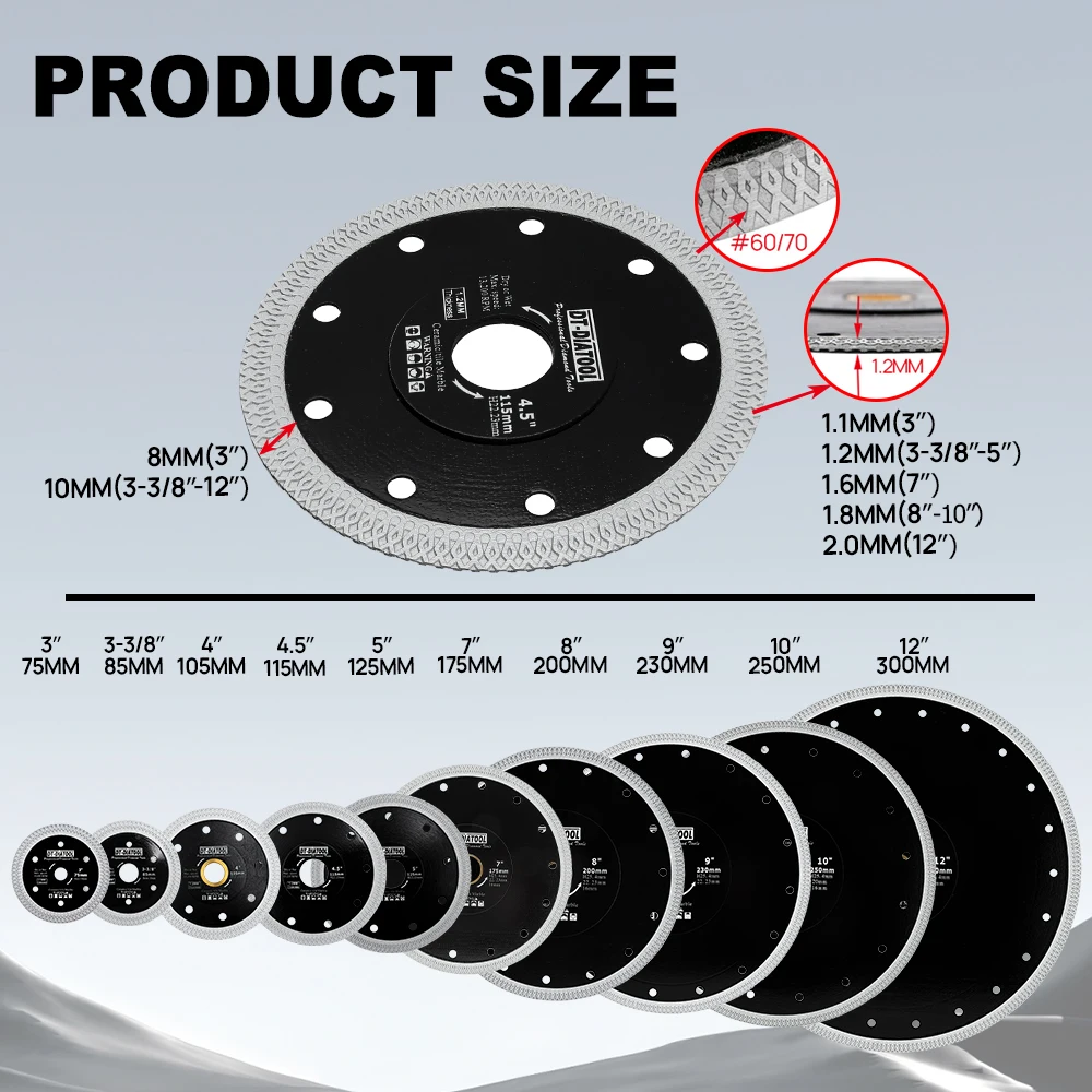 DT-DIATOOL 1Pc Siêu Mỏng Cắt Kim Cương Đĩa X Lưới Turbo Viền Phân Đoạn Lưỡi Cưa Cho Gạch Men Sứ đường Kính 4 "-12"