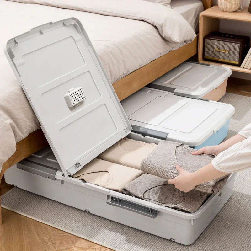 Bed Storage Box with Cover and Wheels Pulley Quilt Clothes Organizer Flat Plastic Bed Bottom Storage Solution