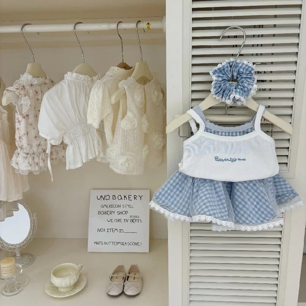 Bear Leader 2026 Summer New Blue Kids Clothes Printed Camisole Top + Plaid Skirt 2-piece Set Fashion Sweet Girls' Casual Clothes