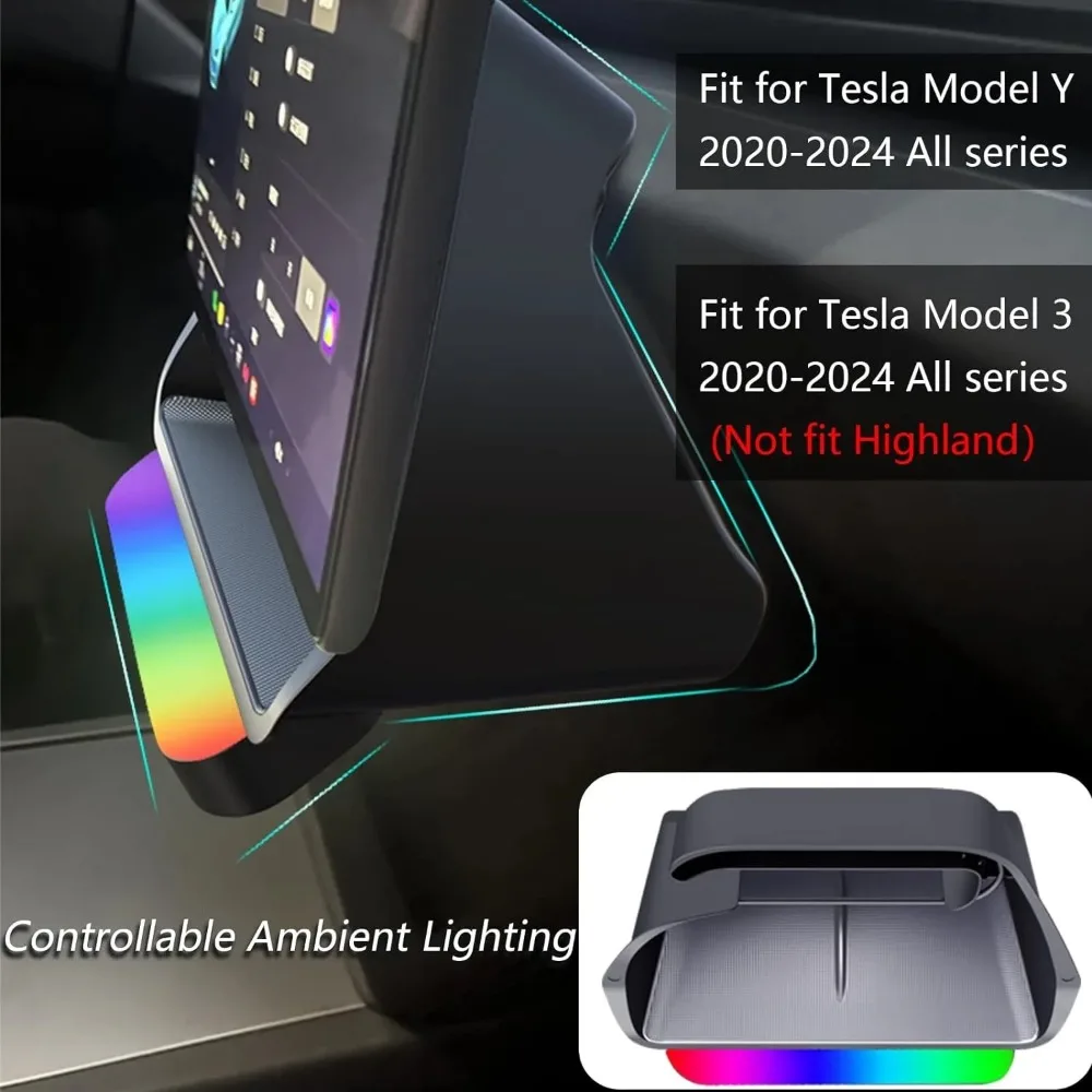 Vassoio portaoggetti per Console centrale con illuminazione ambientale luce regolabile stabile sotto la scatola portaoggetti dello schermo per Tesla