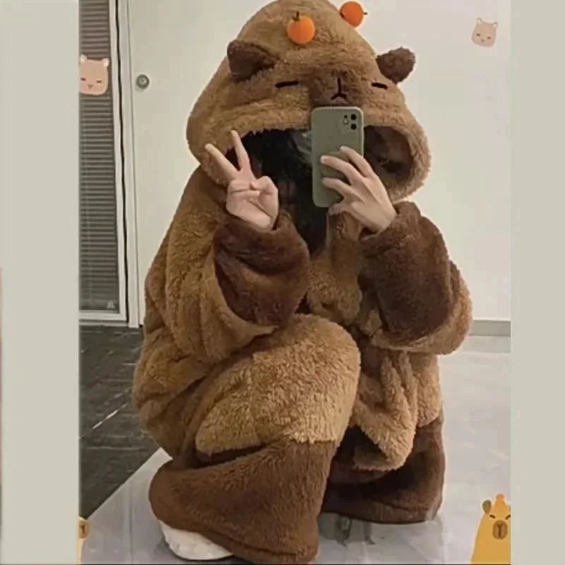 Cute Capibara Pajamas Pants Set Warm Winter Nightgown Coral Fleece Sleepwear Anime Adult Capybara Cosplay Halloween Costumes New