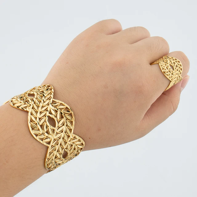 Zestaw biżuterii Bangle and Ring dla kobiet Dubai Bride Wedding Ethiopian Bransoletka Cuff Bangle Biżuteria Charm Wheatears Zestaw bransoletek