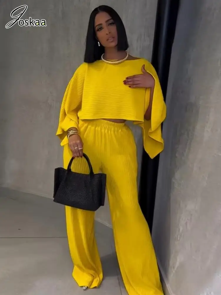 

Joskaa 2025 Women's Elegant Two Piece Set Sexy Oblique Shoulder Crop Tops and Wide Leg Pants Matching Tracksuits Y2K Streetwear