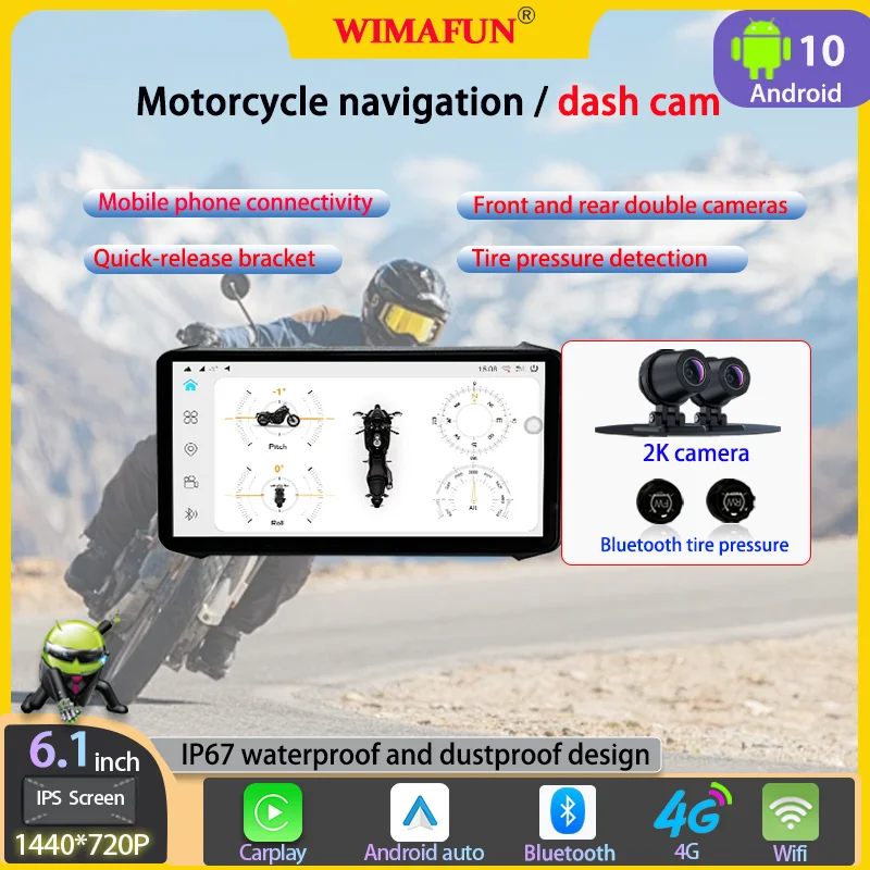 

6,1-calowy system Androi wodoodporny, w pełni dotykowy nawigacja motocyklowa przedni i tylny podwójny rejestrator Bluetooth Pla