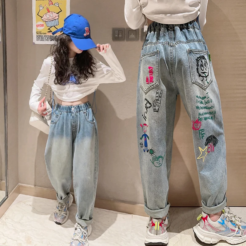 

Autumn teenage girls graffiti jeans pantalon fille 10 ans junior kids Cartoon elastic waist harem pants kids trousers clothes