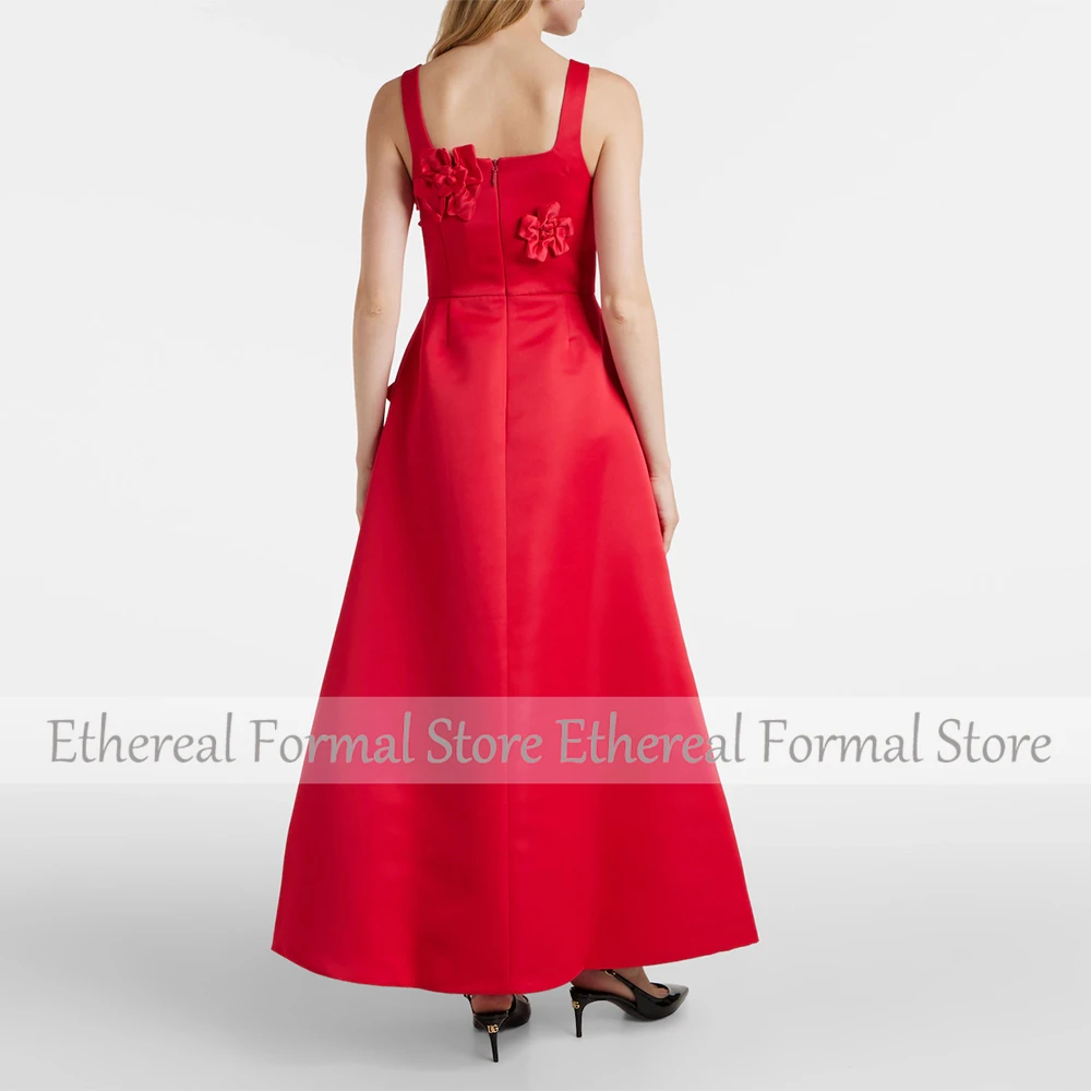 ชุดราตรีสีแดงสำหรับงานแต่งงาน A Line ชุดปาร์ตี้อย่างเป็นทางการสายรัดแขนกุดซาอุดิชุดเดรสยาวข้อเท้าชุดพรหมพร้อมดอกไม้