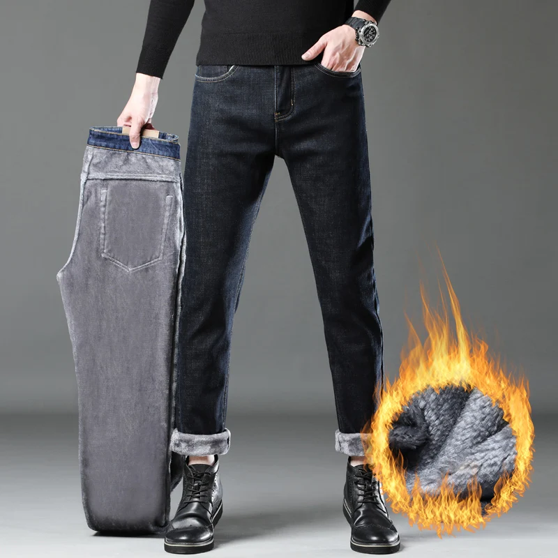 

2024 Winter New Men's Fleece Warm Jeans Classic Style Business Casual Thicken Regular Fit Denim Pants Retro Color Brand Trousers