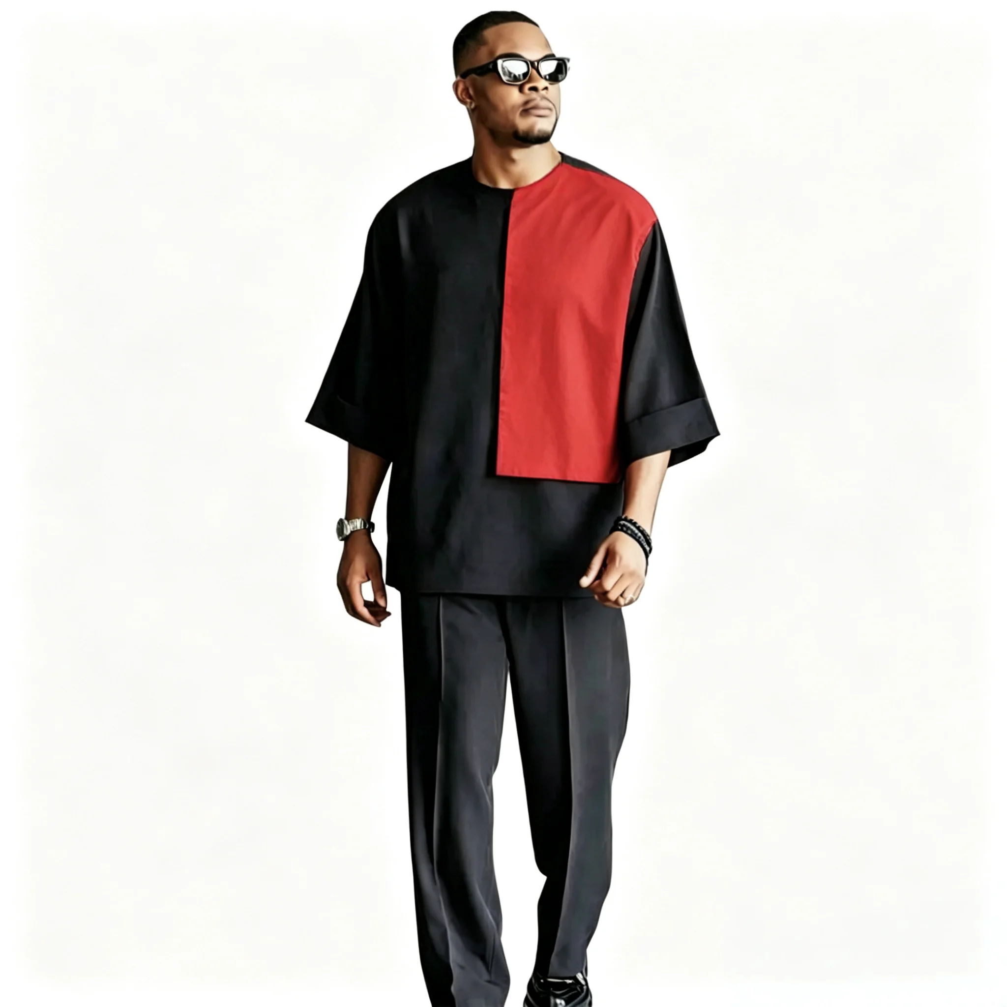 Ropa africana de manga 3/4 para hombre, conjunto holgado de estilo nigeriano, Tops de retazos con pantalón, traje de fiesta hecho a medida