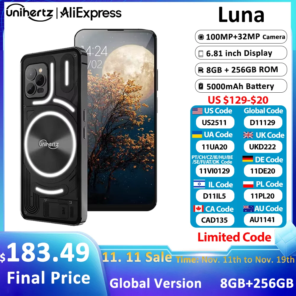 

Уnihertz Luna Смартфон Ритм окружающего освещения 8 ГБ 256 ГБ 108 МП G99 Мобильный телефон Мобильные телефоны ночного видения