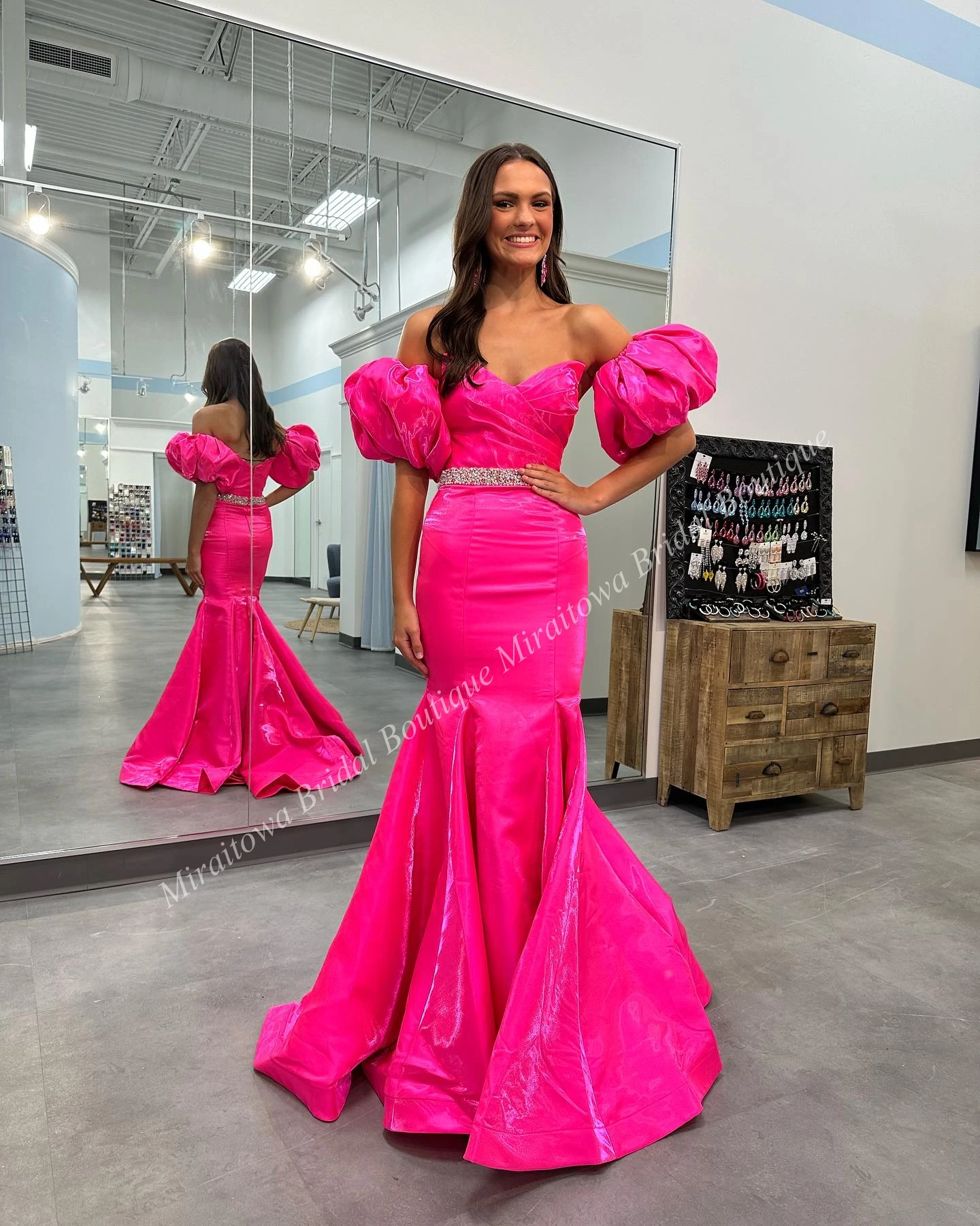 Shimmer Satin Formal Evening Dress 2k24 Puff Sleeves Mermaid Lady Pageant Prom Cocktail Party Gown Saudi Arabia Red Carpet Pink