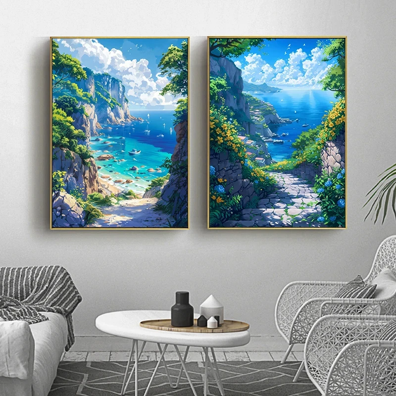 1pc frameless Canvas Painting Anime Ocean Poster Modern Cartoon Seascape Wall Art Vibrant Tree Architecture Canvas Print Living