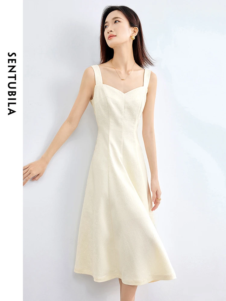 

SENTUBILA Elegant Luxury Midi Dress for Women 2024 Spring Summer Square Collar Textural Sleeveless Strappy Dresses Lady 41L52890