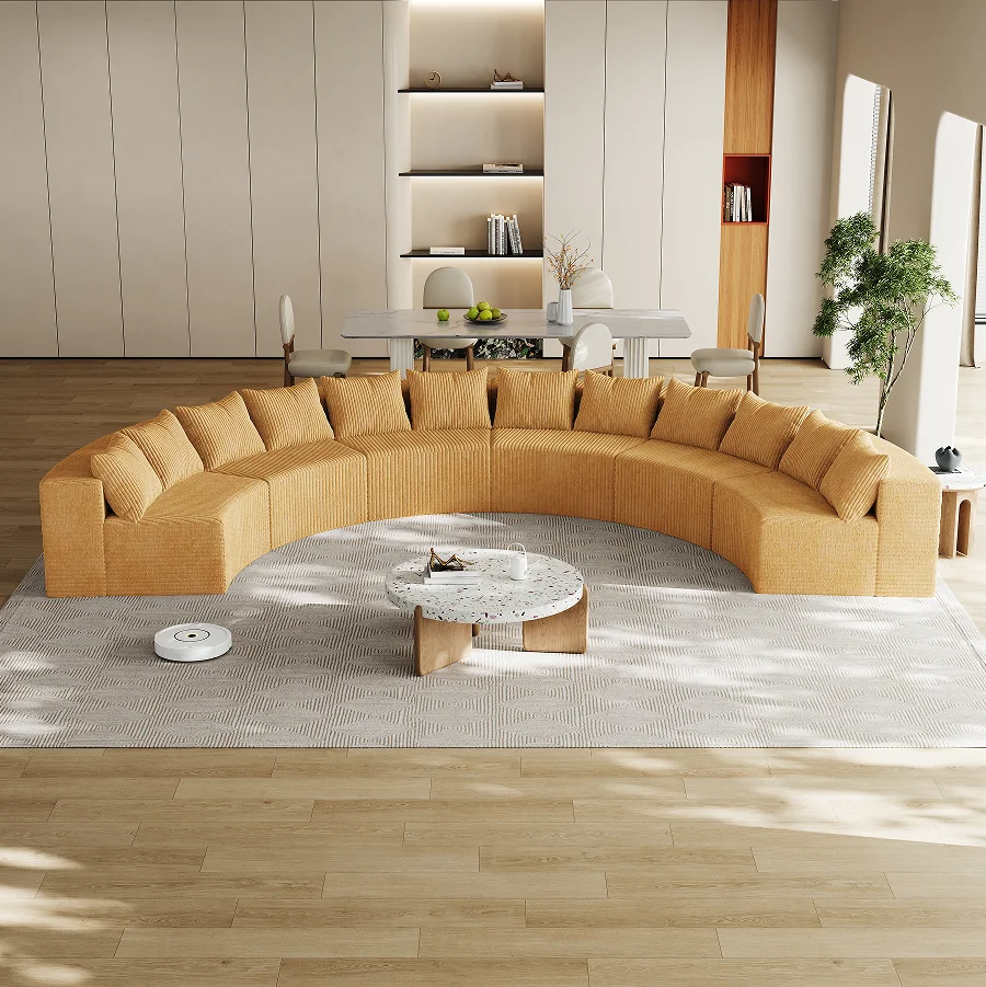 ！@99-Inch Boneless Couch Chaise L-Shaped Modern Upholstered Sectional Sofa Set Three Pillows Corduroy PU Cover Living Room
