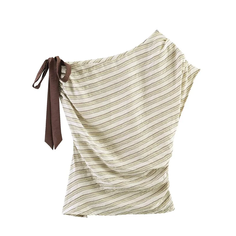 Top Asimétrico con Lazo a Rayas para Mujer, Nuevo Modelo 2026, Casual, Versátil, Elegante, Simple y a la Moda