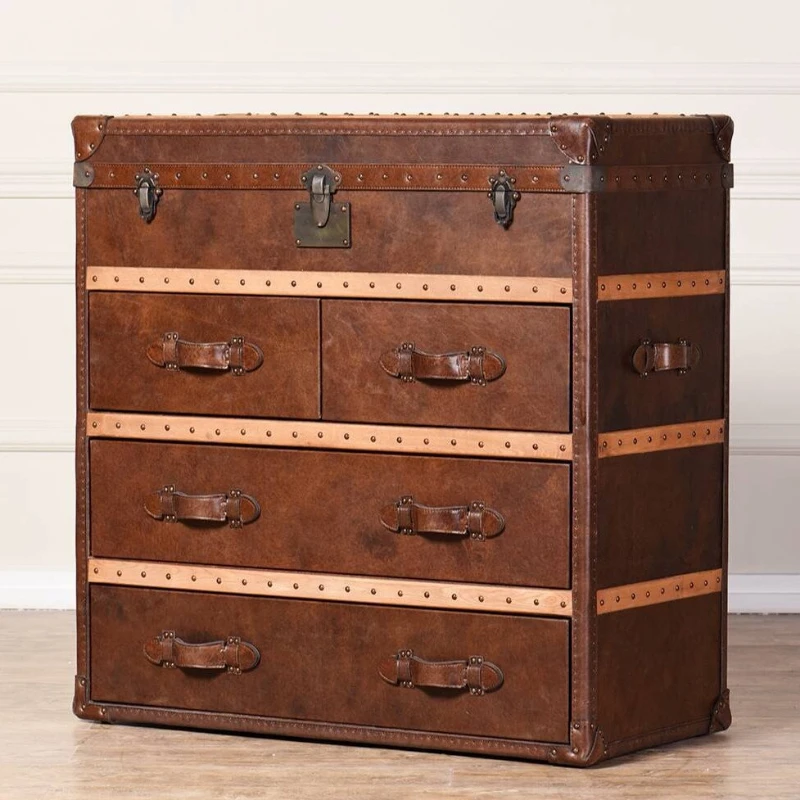 

Retro oil wax leather coffee table living room solid wood drawer cabinet villa room