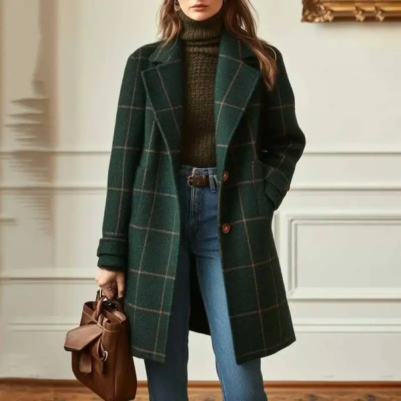 Winter Plaid Wool Trench Single-Breasted Mid-Length Notched Collar Coat Trendy Casual Fashion Women Outerwear Daily Wear