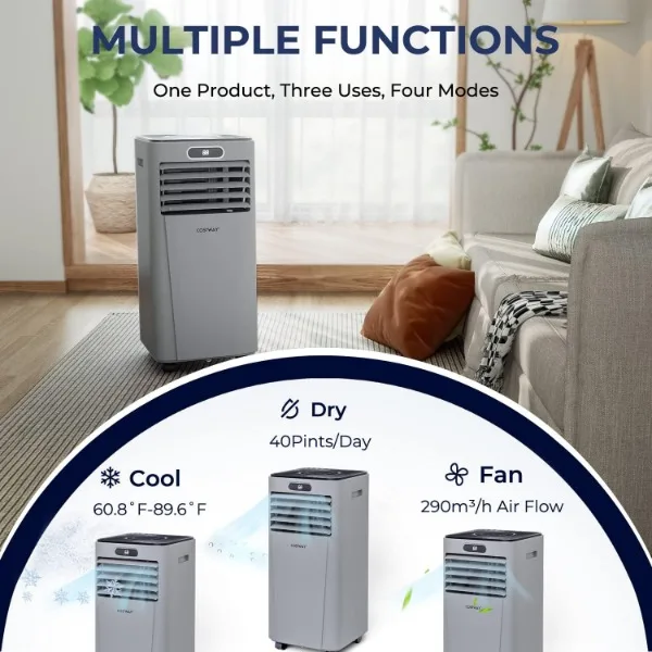 COSTWAY Portable Air Conditioner, 8000BTU Air Cooler with Drying, Fan, Sleep Mode, 2 Speeds, 24H Timer Function, Remote Control