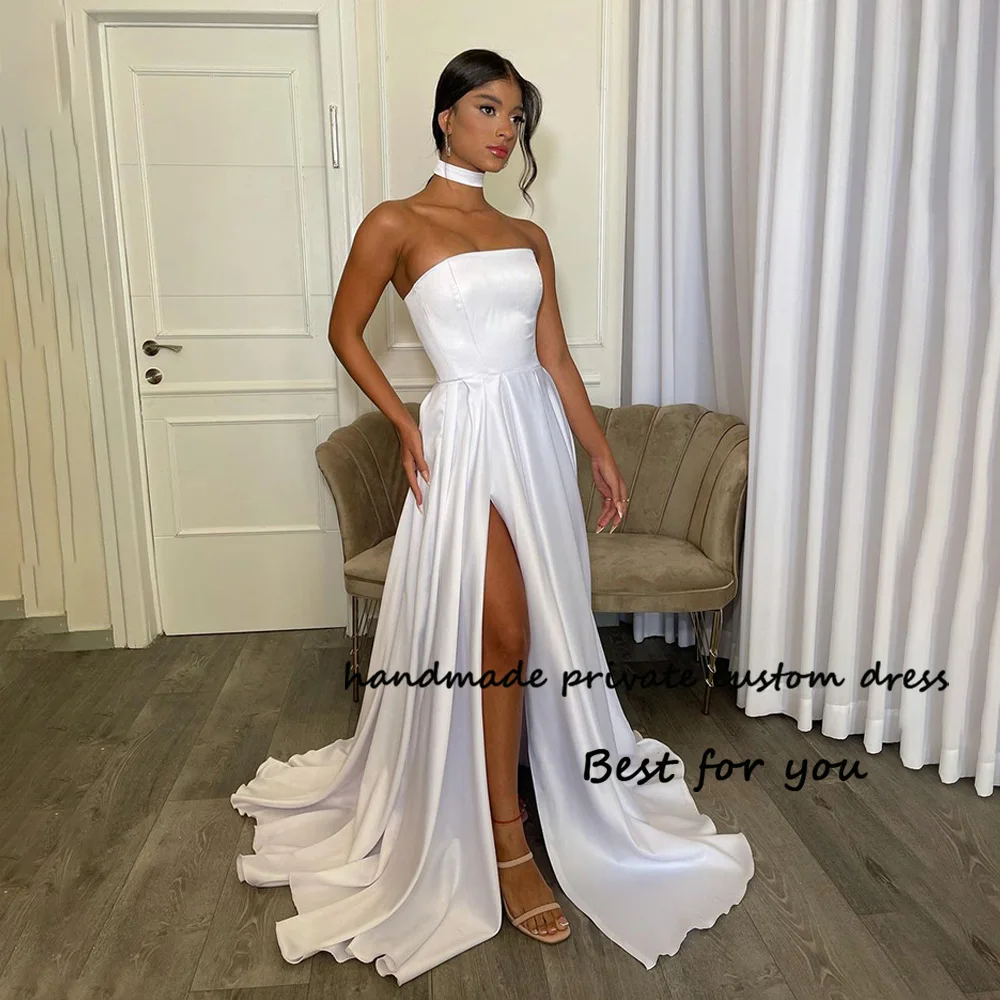 

White Satin Strapless A Line Wedding Dresses High Split Draped Long Bridal Gowns Simple Civil Bridesmaid Wedding Dress