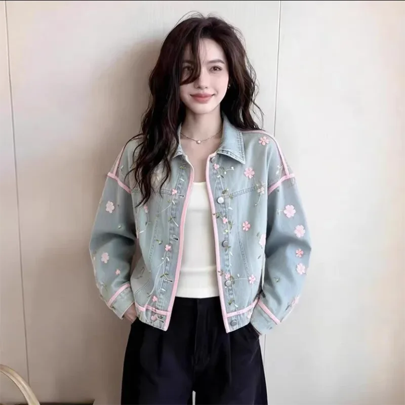 

Blue Denim Embroidered Flower Jacket Women's Spring 2026 New Unique Beautiful Super Stylish Outerwear
