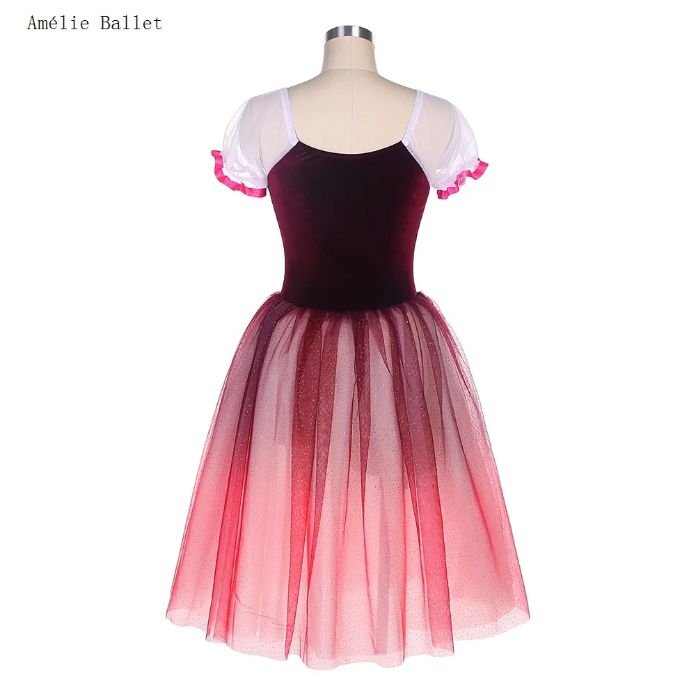 22066 قصيرة الأكمام بورجوندي المخملية صد فستان الباليه رومانسية طويلة الباليه توتو ازياء الفتيات والنساء أداء ملابس الرقص