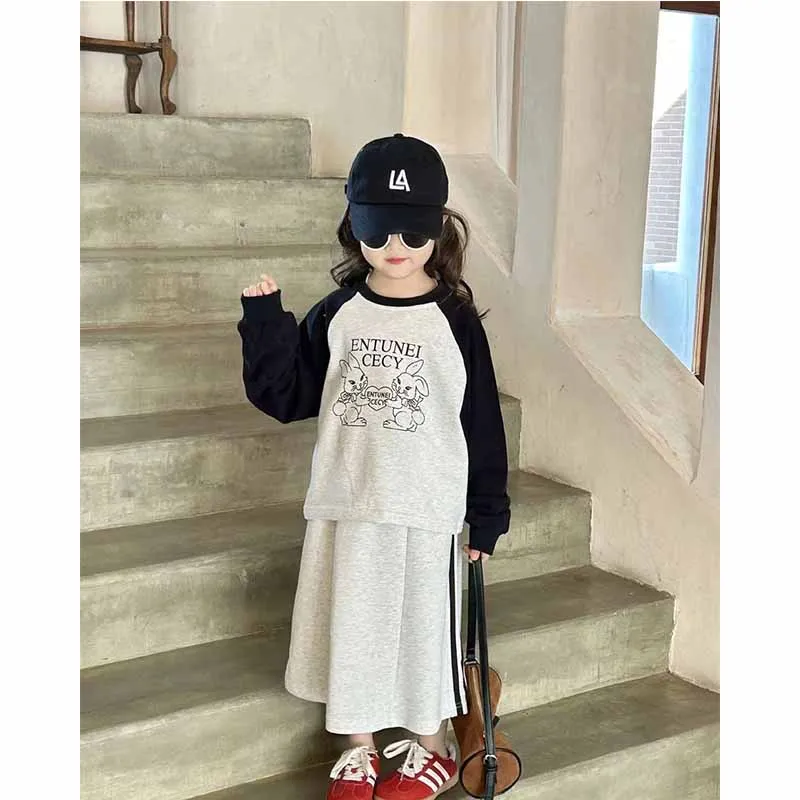 New Girls Cartoon Letter Set Kids Long Sleeve Sweatshirt Solid Color Half Skirt Suit Spring Autumn Baby Casual Fashion 2Pcs 2-8Y