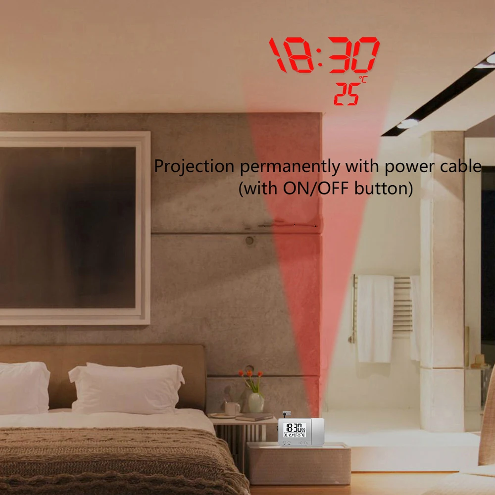 Projection Alarm Clock for Bedroom with Thermometer Hygrometer Digital Project Ceiling Clock Dimmable Display with USB Charger