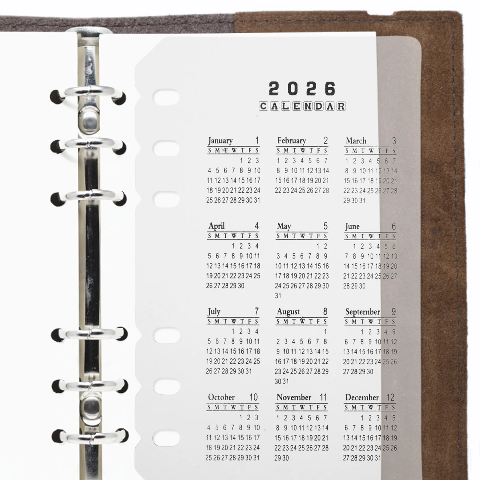 4 pçs divisores de calendário 2026 plástico fosco a6 6 buracos inserções recarregáveis planejador caderno data organização suprimentos