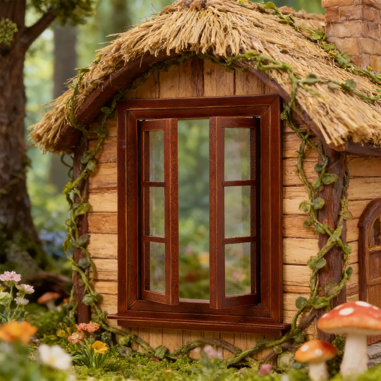 

Wooden Dollhouse Window Frame 1:12 Scale Mini Double Openable Design Chestnut Color for DIY Miniature Dollhouse Accessories