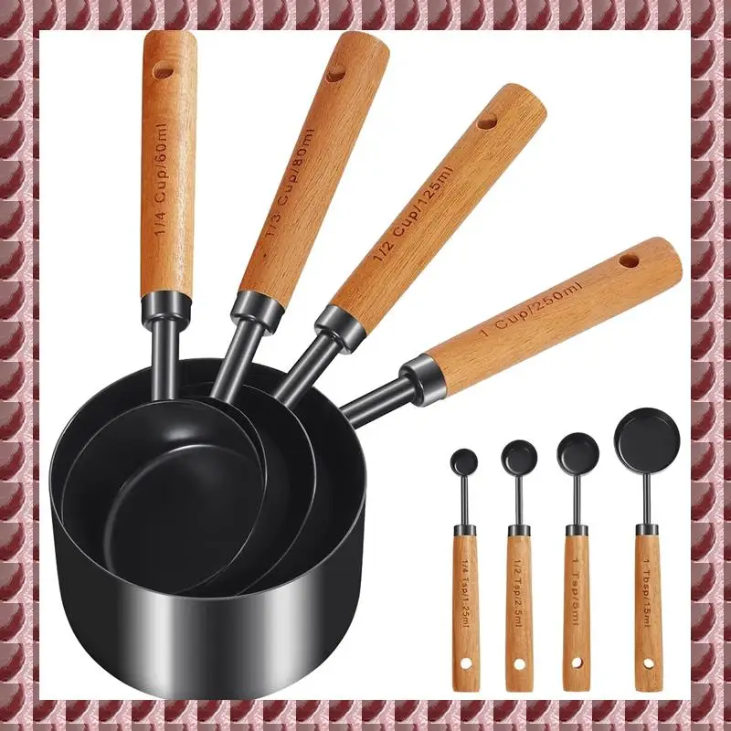 A95G Measuring Cups And Spoons , Wood Handle With Metric And US Measurements, Dry & Liquid Measuring Cup 8Pcs Easy To Use