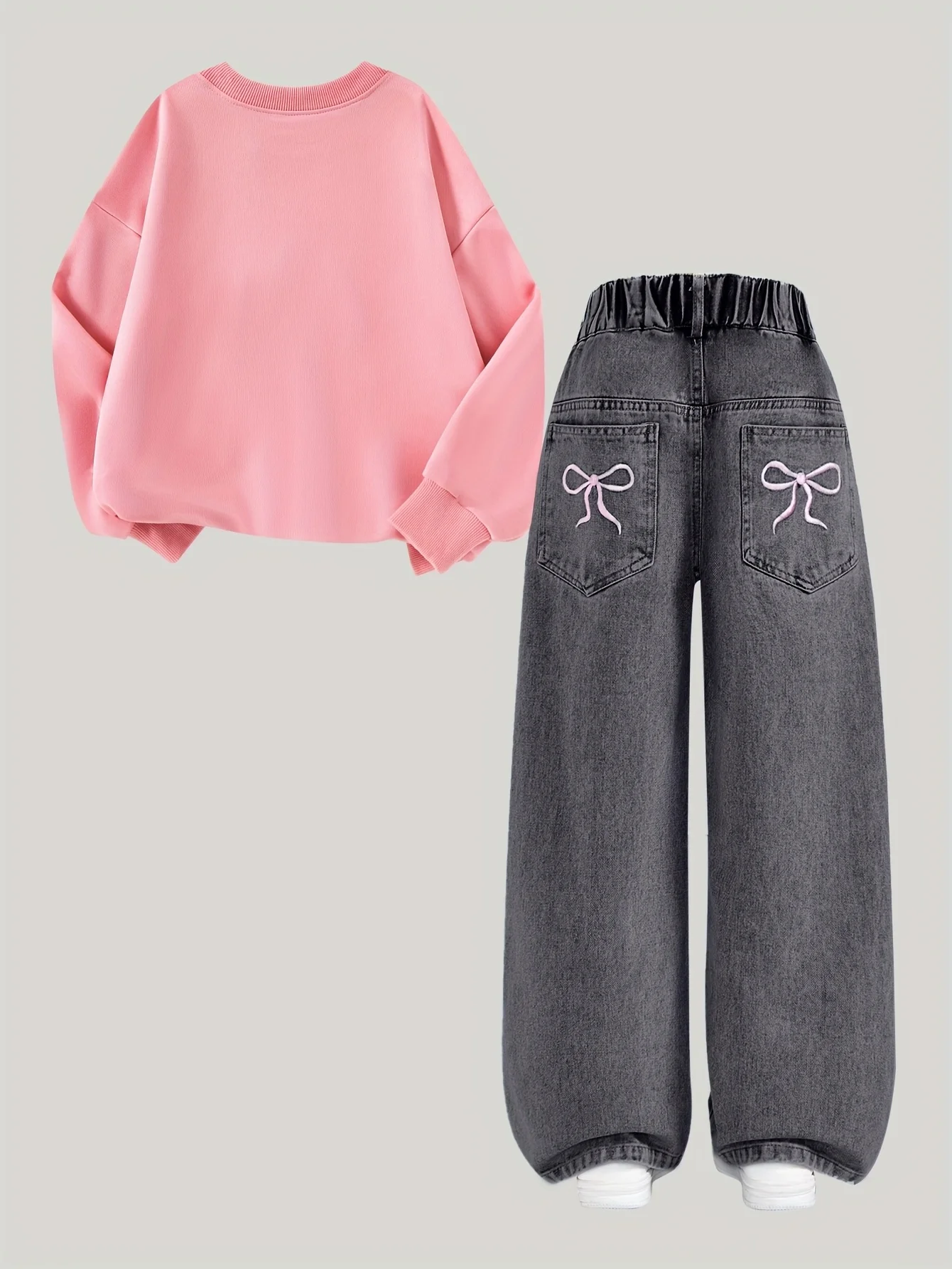Girls' Pink Bow-Patterned Hoodie + Black Bow-Stitched Denim Straight-Leg Pants Set. Suitable for All Seasons.